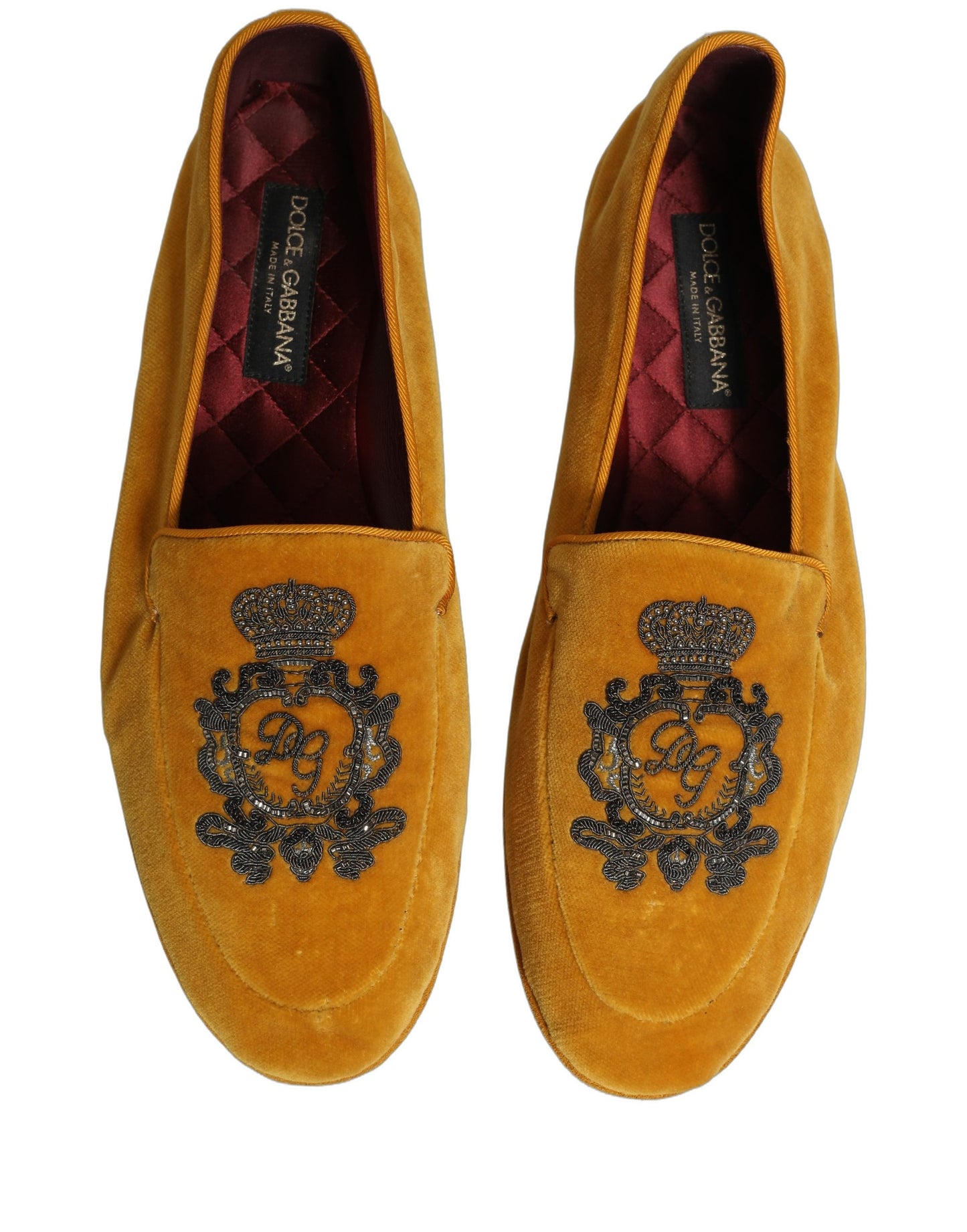 Dolce & Gabbana Yellow Velvet Crown Embroidery Loafers Shoes