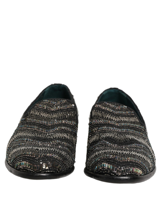 Dolce & Gabbana Black Silver Embellished Slip On Loafers Shoes