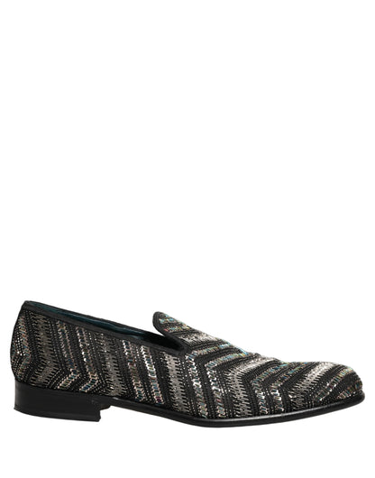Dolce & Gabbana Black Silver Embellished Slip On Loafers Shoes