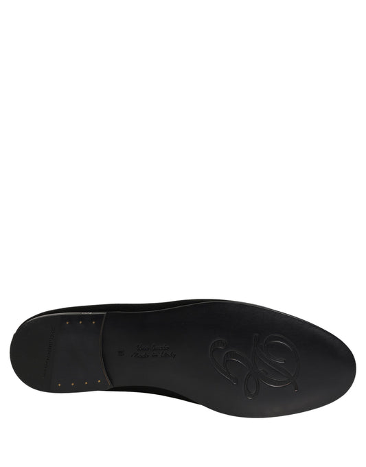 Dolce & Gabbana Black Satin Logo Slip On Flats Loafers Shoes