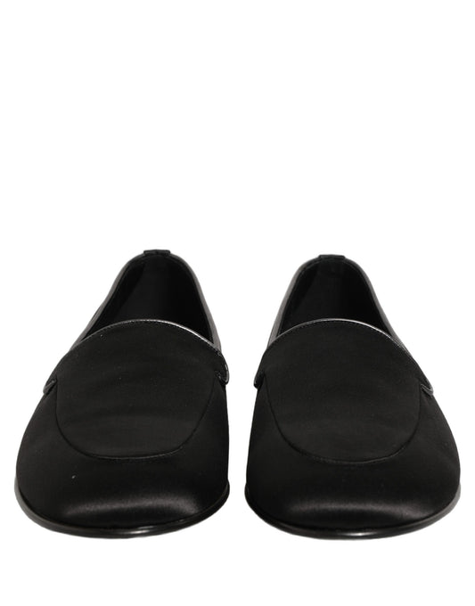 Dolce & Gabbana Black Satin Logo Slip On Flats Loafers Shoes