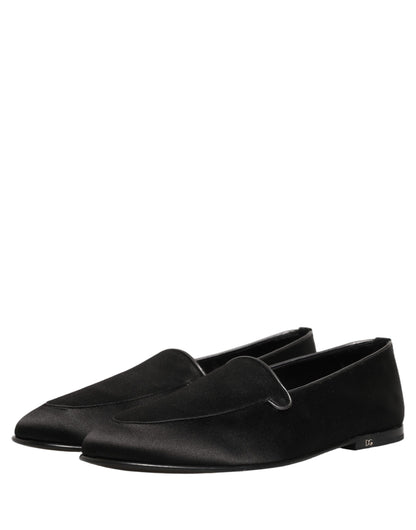 Dolce & Gabbana Black Satin Logo Slip On Flats Loafers Shoes