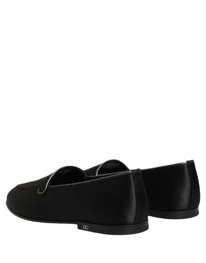 Dolce & Gabbana Black Satin Logo Slip On Flats Loafers Shoes
