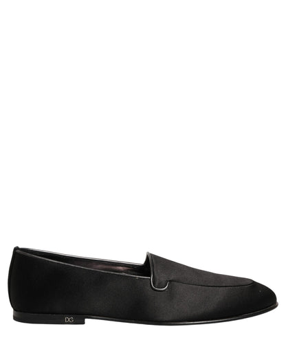 Dolce & Gabbana Black Satin Logo Slip On Flats Loafers Shoes