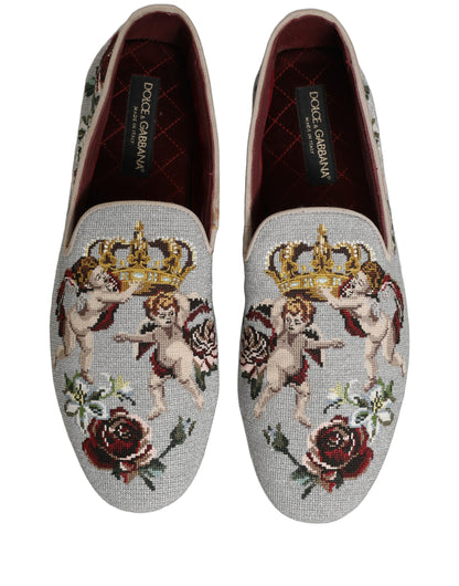 Dolce & Gabbana Gray Crown Rose Angel Embroidery Loafer Shoes