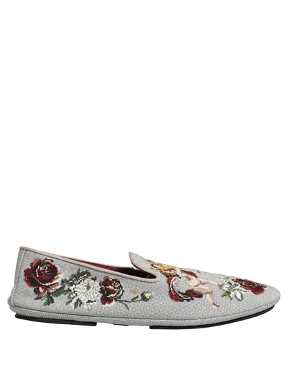 Dolce & Gabbana Gray Crown Rose Angel Embroidery Loafer Shoes