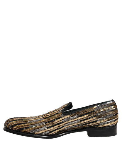 Dolce & Gabbana Gold Striped Sequin Embellished Loafer Shoes
