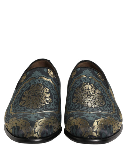 Dolce & Gabbana Black Floral Brocade Slip On Loafers Shoes