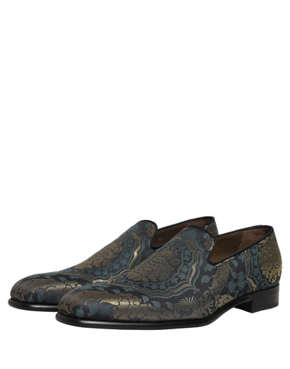 Dolce & Gabbana Black Floral Brocade Slip On Loafers Shoes