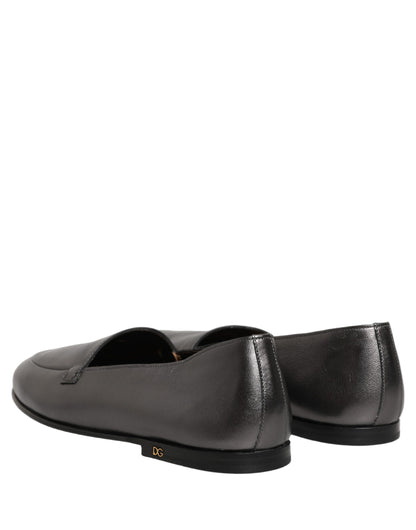 Dolce & Gabbana Silver Leather DG Logo Slip On Loafers Shoes