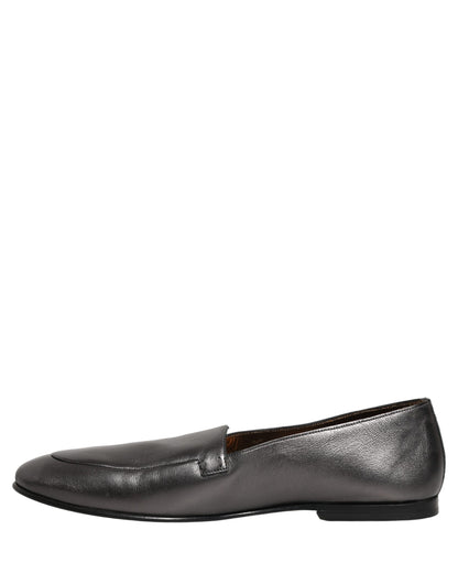 Dolce & Gabbana Silver Leather DG Logo Slip On Loafers Shoes