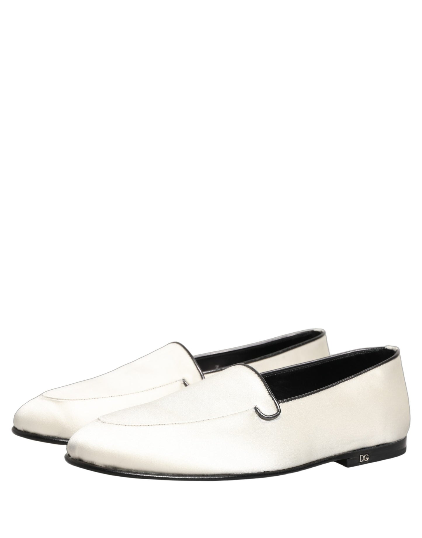 Dolce & Gabbana White Satin Logo Slip On Flats Loafers Shoes