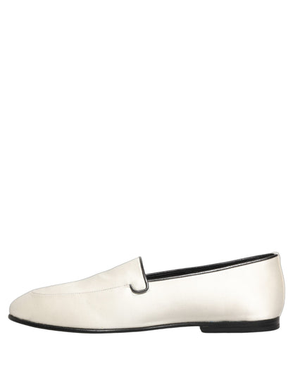 Dolce & Gabbana White Satin Logo Slip On Flats Loafers Shoes