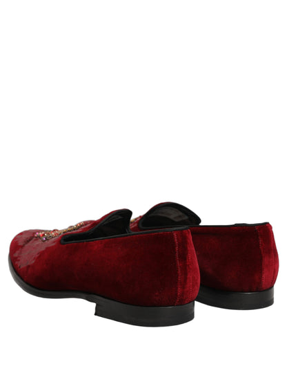 Dolce & Gabbana Maroon Sequin Gemstone Dress Loafers Shoes