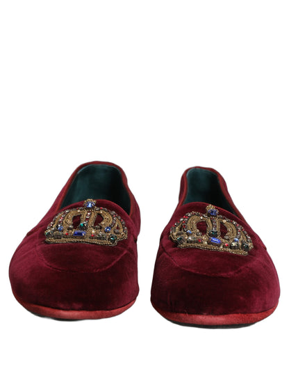 Dolce & Gabbana Burgundy Velvet Crown Slip On Loafers Shoes