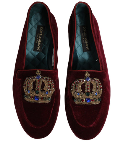 Dolce & Gabbana Burgundy Velvet Crown Slip On Loafers Shoes