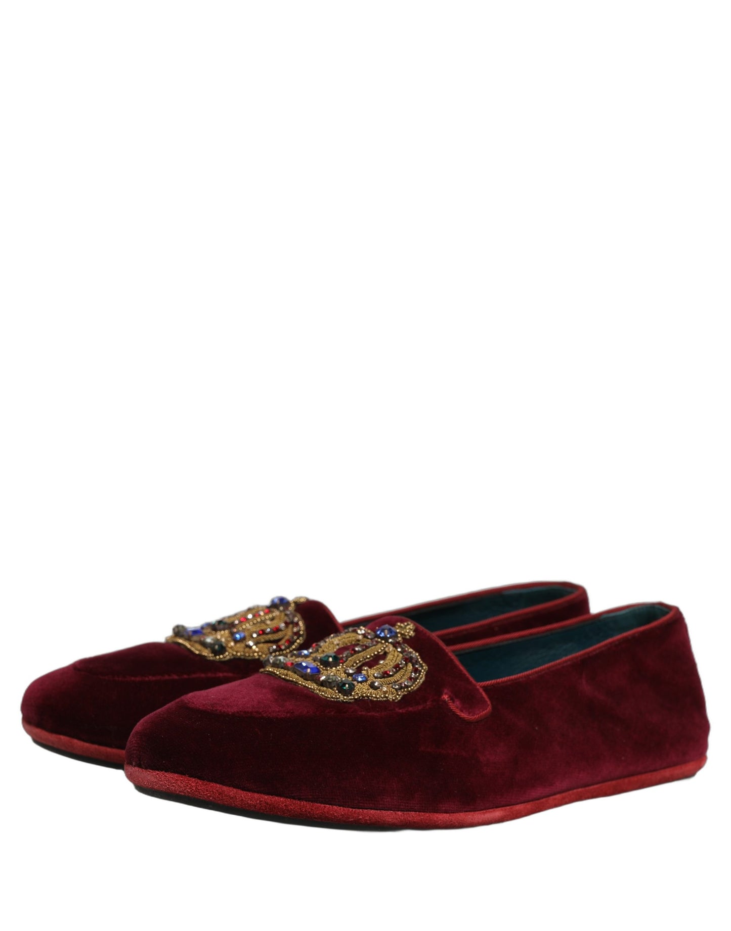 Dolce & Gabbana Burgundy Velvet Crown Slip On Loafers Shoes