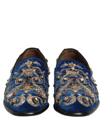 Dolce & Gabbana Blue Velvet Embellished Dress Loafers Shoes