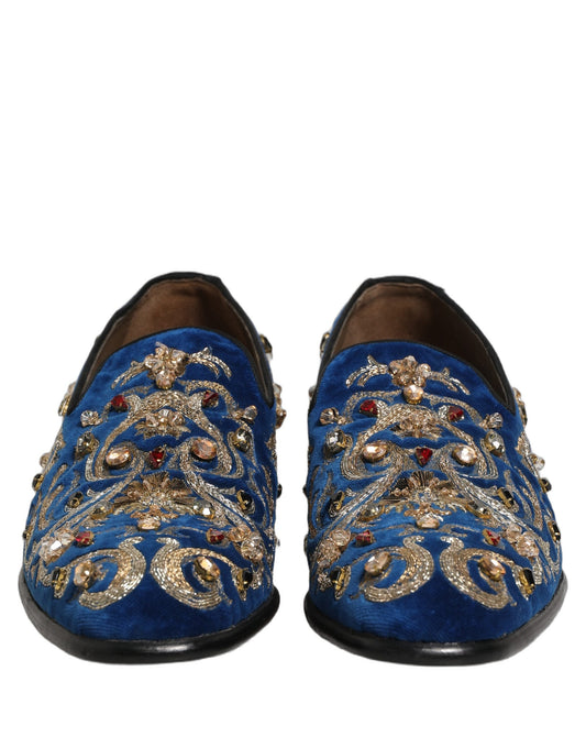 Dolce & Gabbana Blue Velvet Embellished Dress Loafers Shoes
