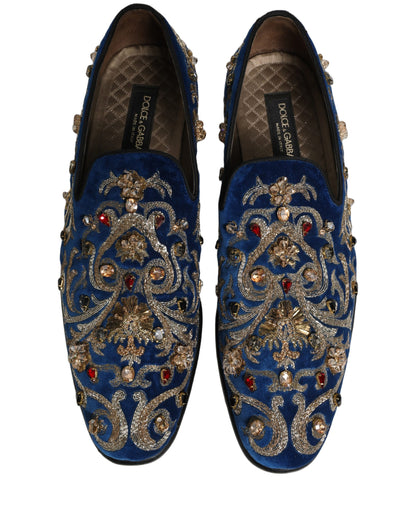 Dolce & Gabbana Blue Velvet Embellished Dress Loafers Shoes