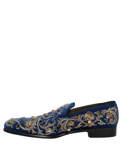 Dolce & Gabbana Blue Velvet Embellished Dress Loafers Shoes
