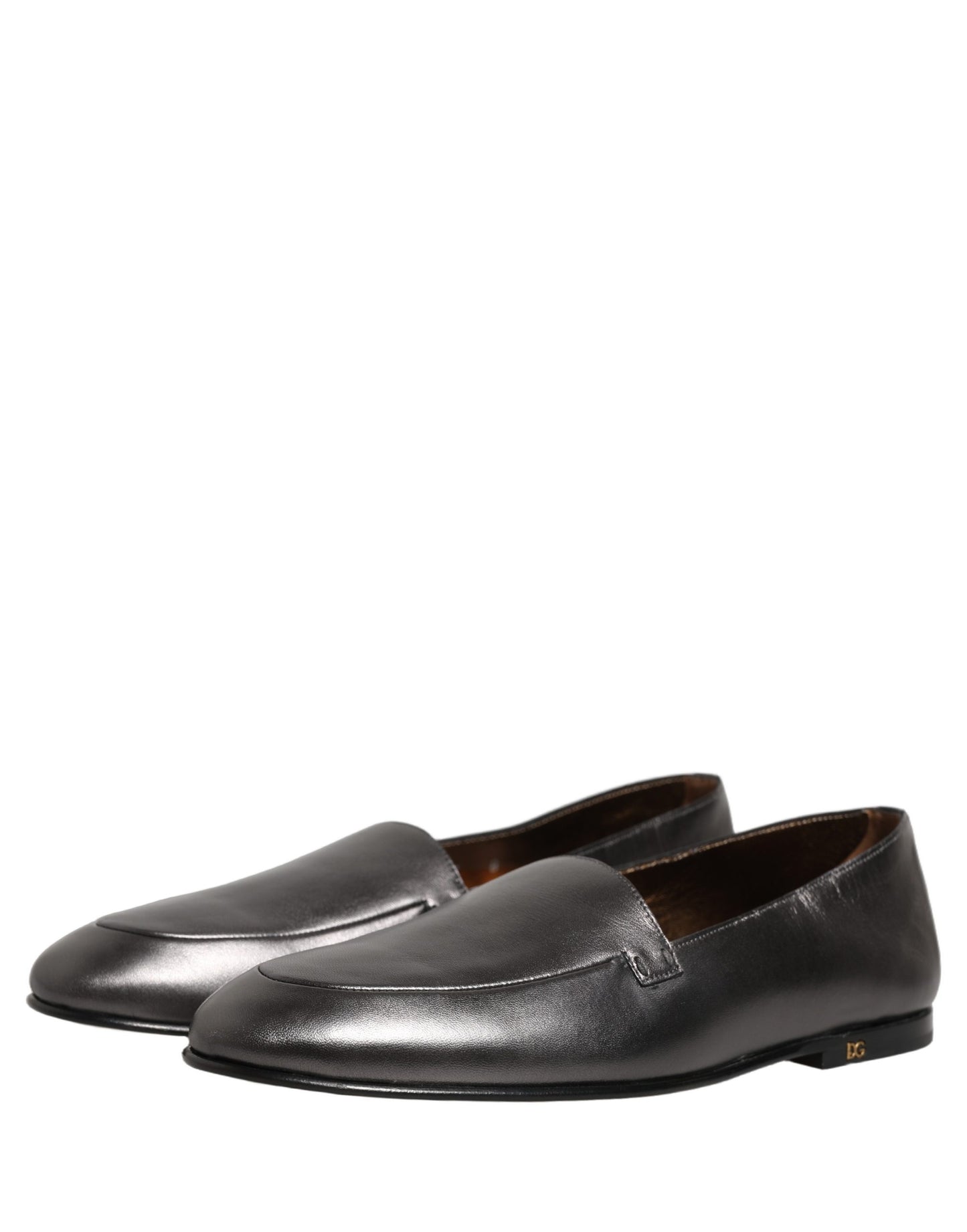 Dolce & Gabbana Silver Leather DG Logo Slip On Loafers Shoes