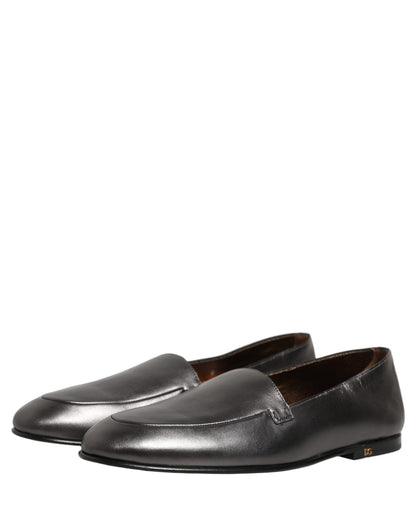 Dolce & Gabbana Silver Leather DG Logo Slip On Loafers Shoes