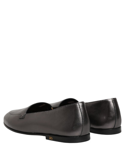 Dolce & Gabbana Silver Leather DG Logo Slip On Loafers Shoes