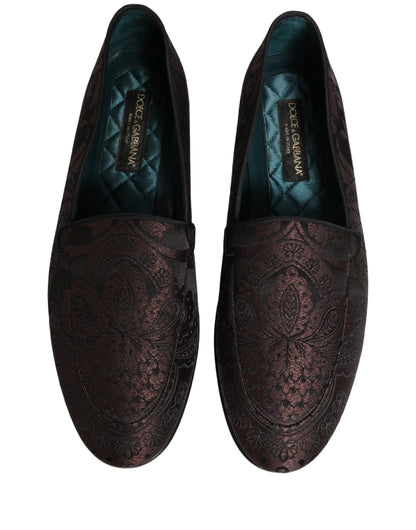 Dolce & Gabbana Maroon Jacquard Leather Slip On Loafers Shoes