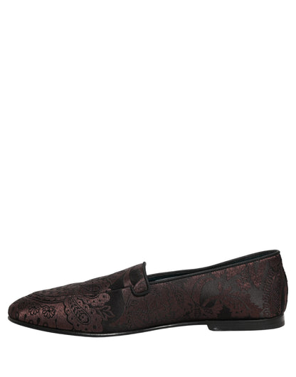 Dolce & Gabbana Maroon Jacquard Leather Slip On Loafers Shoes