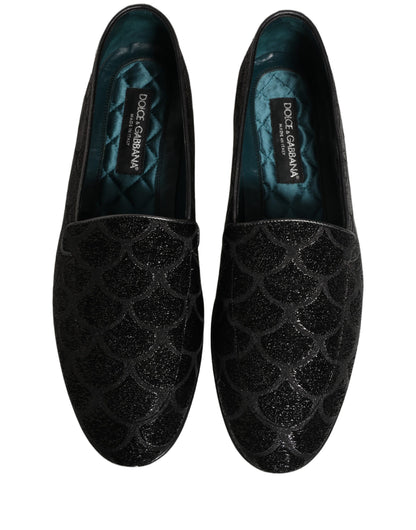 Dolce & Gabbana Black Glitter Brocade Men Dress Loafers Shoes
