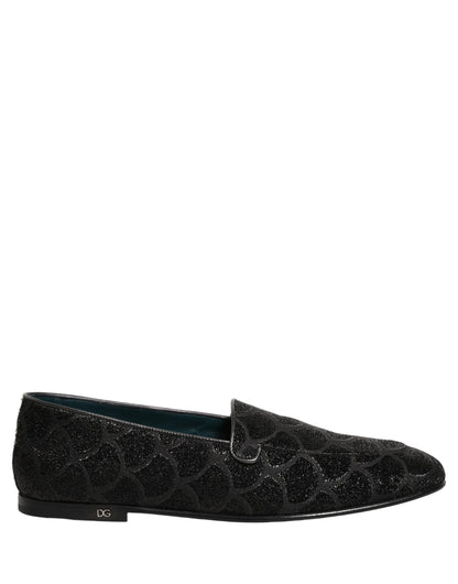 Dolce & Gabbana Black Glitter Brocade Men Dress Loafers Shoes