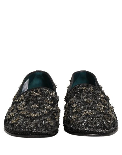 Dolce & Gabbana Black Rhinestone Embellished Loafers Shoes