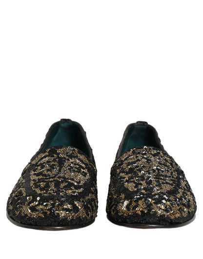 Dolce & Gabbana Black Gold Embellished Dress Loafers Shoes