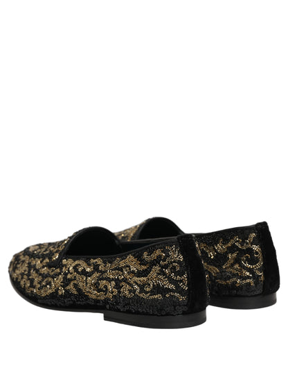Dolce & Gabbana Black Gold Embellished Dress Loafers Shoes