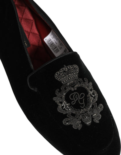Dolce & Gabbana Black Velvet Crown Embroidery Loafers Shoes