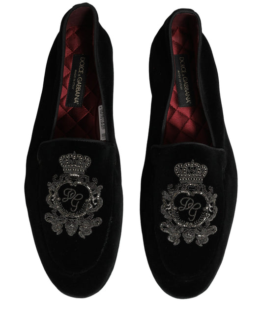 Dolce & Gabbana Black Velvet Crown Embroidery Loafers Shoes