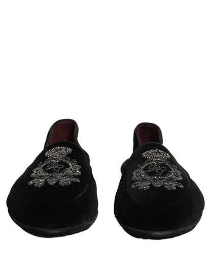 Dolce & Gabbana Black Velvet Crown Embroidery Loafers Shoes