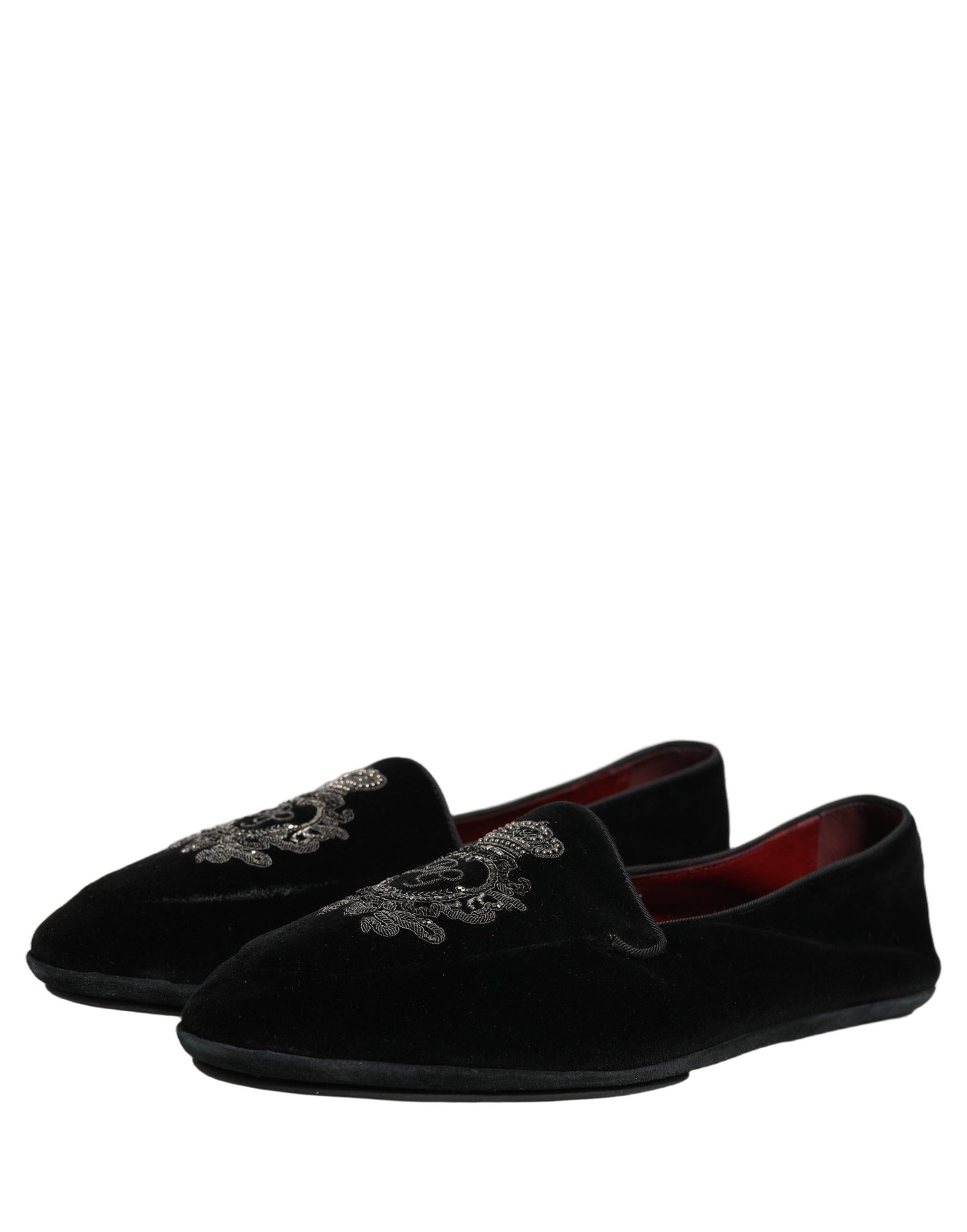 Dolce & Gabbana Black Velvet Crown Embroidery Loafers Shoes
