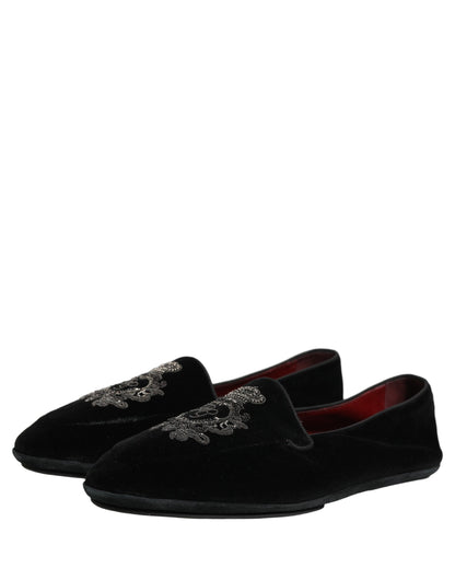 Dolce & Gabbana Black Velvet Crown Embroidery Loafers Shoes