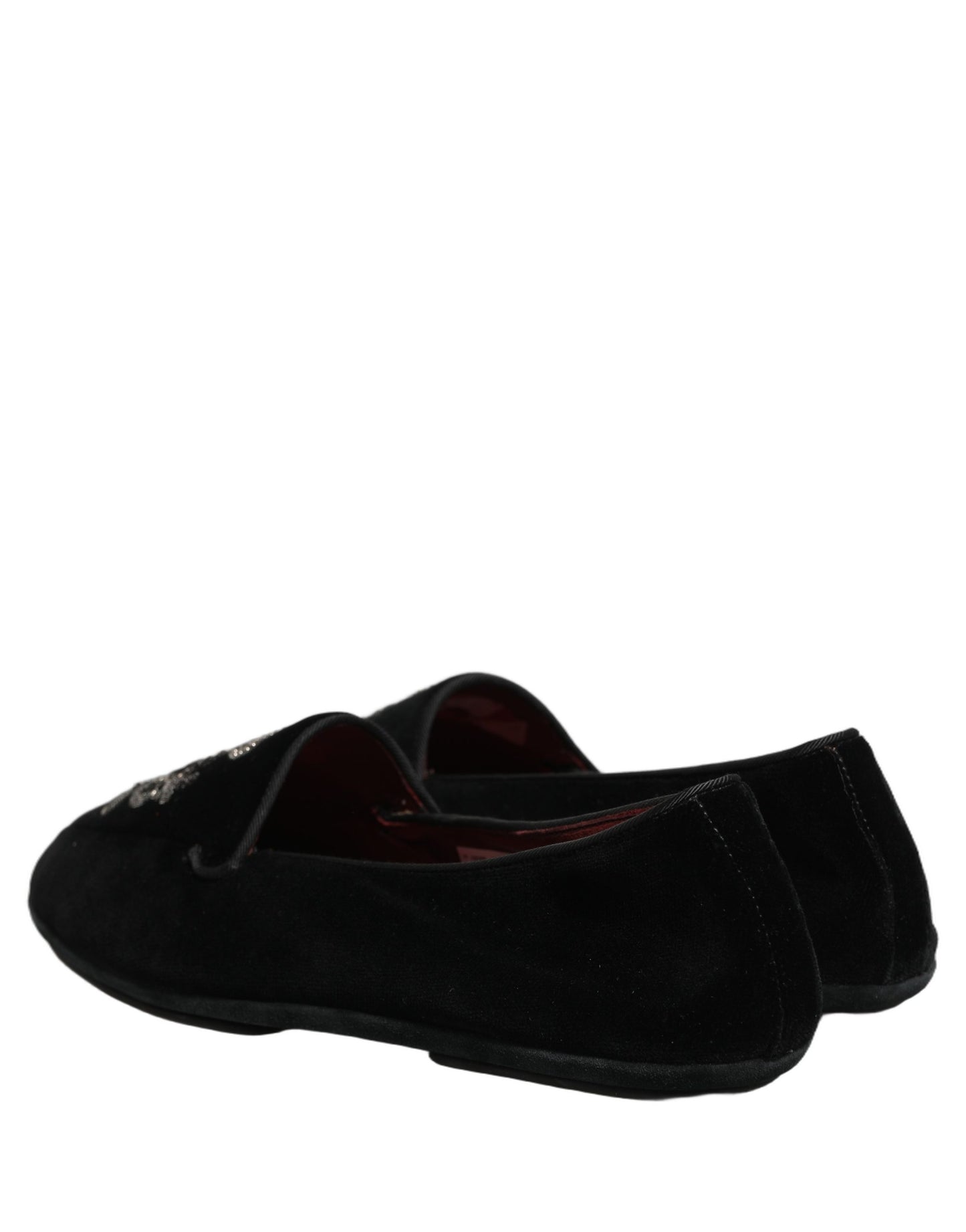Dolce & Gabbana Black Velvet Crown Embroidery Loafers Shoes