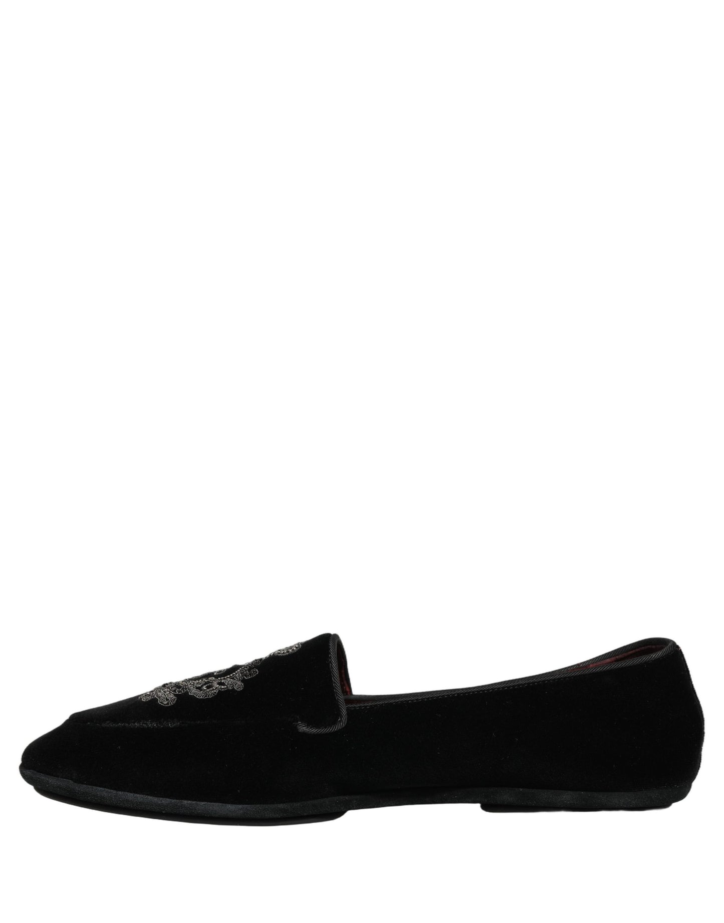 Dolce & Gabbana Black Velvet Crown Embroidery Loafers Shoes