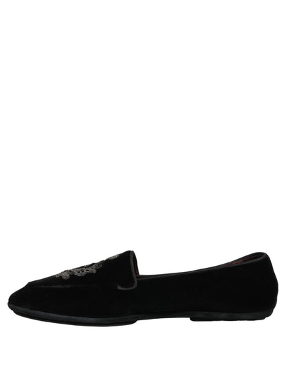 Dolce & Gabbana Black Velvet Crown Embroidery Loafers Shoes