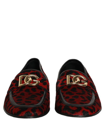 Dolce & Gabbana Red Leopard Print Pony Hair Dress Loafers Shoes