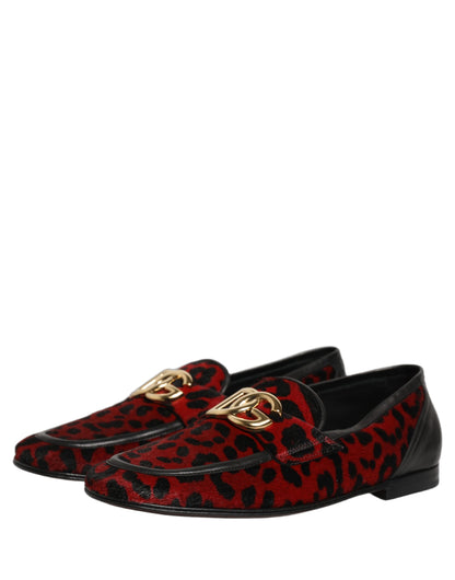 Dolce & Gabbana Red Leopard Print Pony Hair Dress Loafers Shoes