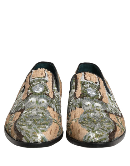 Dolce & Gabbana Beige Sequin Embroidery Dress Loafers Shoes