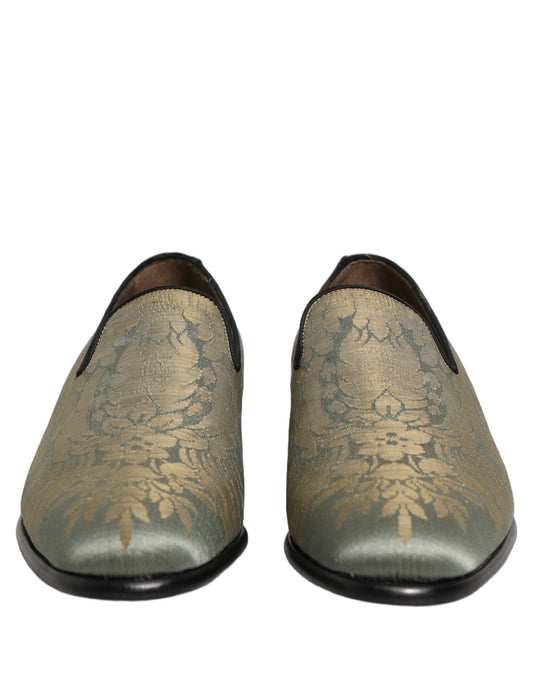 Dolce & Gabbana Gold Floral Jacquard Slip On Loafers Shoes