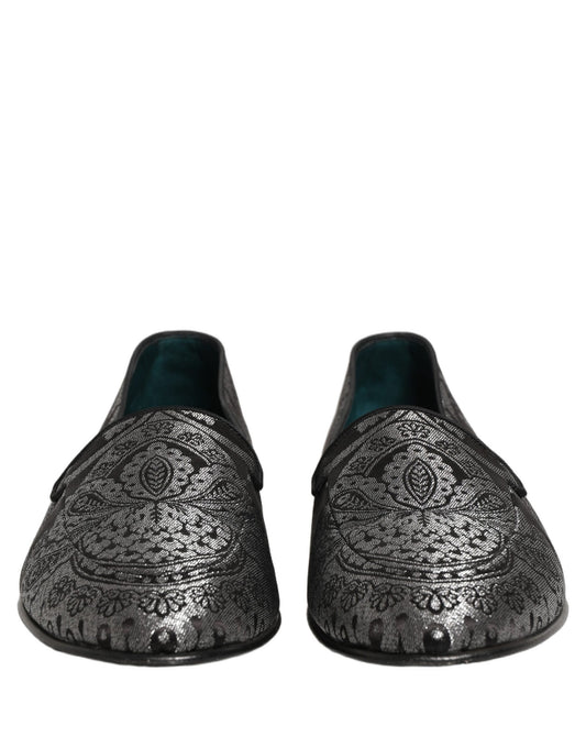 Dolce & Gabbana Silver Jacquard Leather Slip On Loafers Shoes