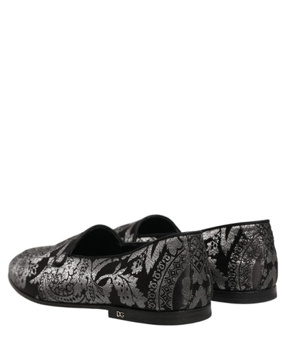 Dolce & Gabbana Silver Jacquard Leather Slip On Loafers Shoes