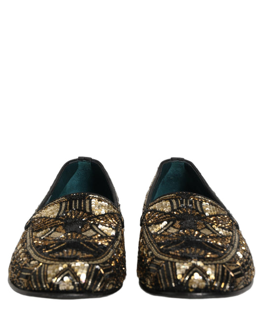 Dolce & Gabbana Black Gold Embellished Slip On Loafers Shoes